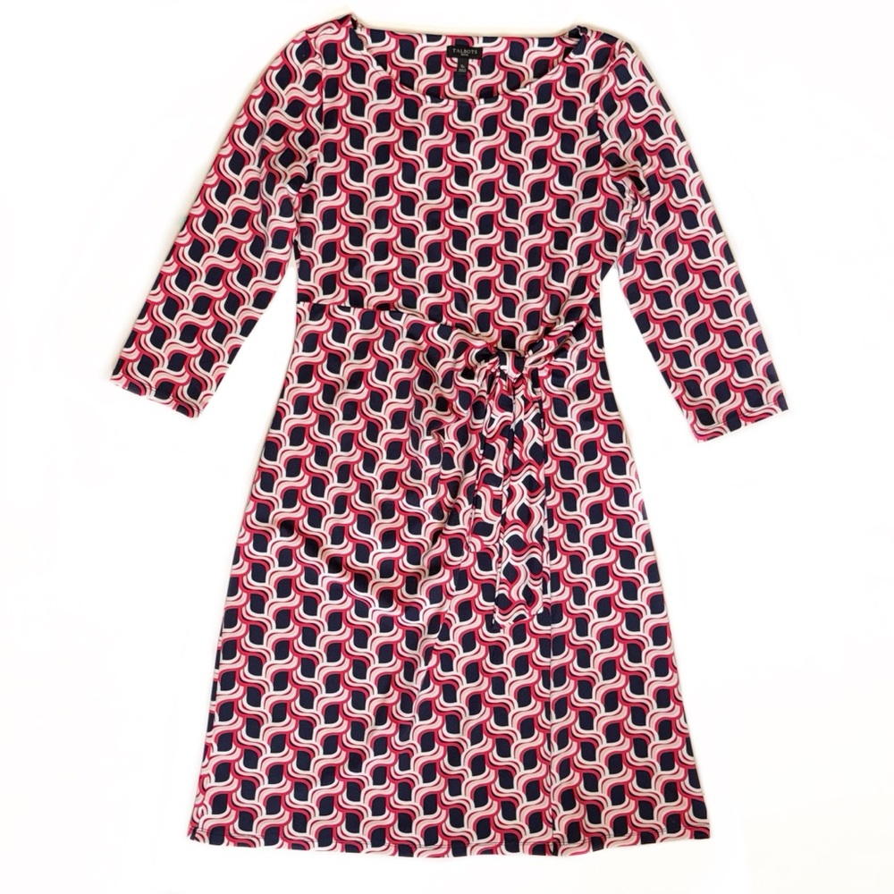 Talbots Side Tie Swirl Dress SP Pink Blue Wave Geo Print Faux Wrap Small Petite - Picture 2 of 9